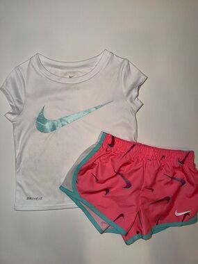 Nike Girls White Dri-FIT Tee & Pink Athletic Shorts Set